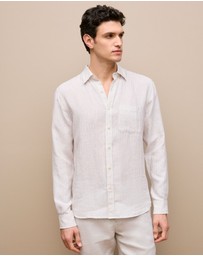 Trenery - Regular Fit Fine Stripe Linen Long Sleeve Shirt in White