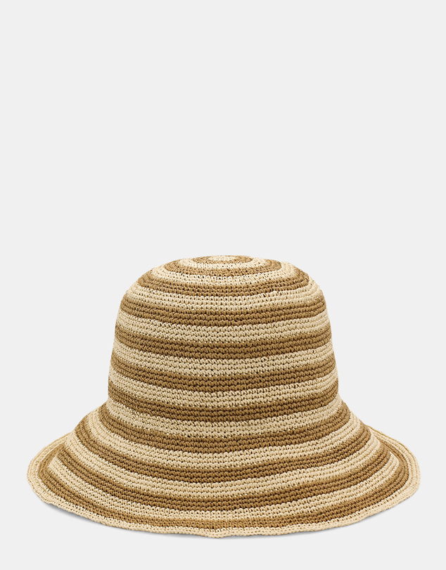 Morgan & Taylor - Dune Crochet Straw Bucket Hat in Tan Natural and Beige Stripe
