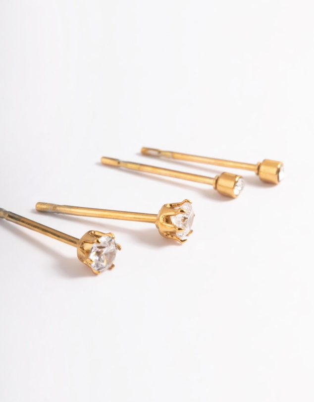 Lovisa - Waterproof Gold Plated Stainless Steel Cubic Zirconia Plain Stud Earrings Pack