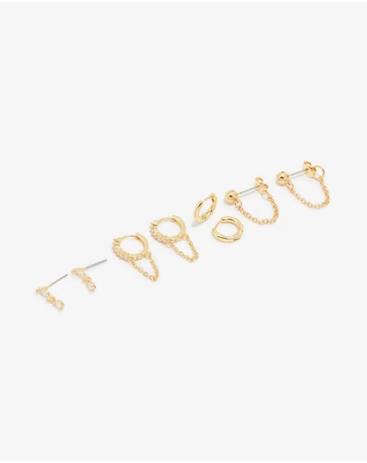 Lovisa - Gold Plated Cubic Zirconia Stud & Chain Huggie Earrings 4-Pack