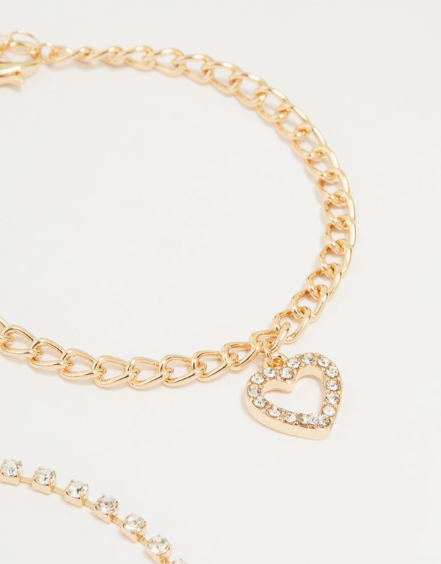 Lovisa - Gold Diamante Mixed Chain Heart Bracelets 3-Pack