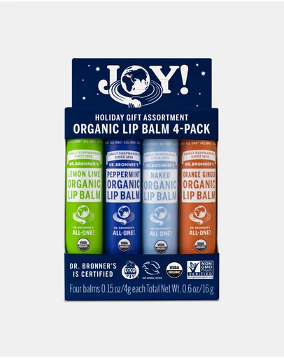Dr Bronner's - Joy Lip Balm Set - 4 x 4g lip balms. Lemon Lime, Peppermint, Orange Ginger and Naked Unscented