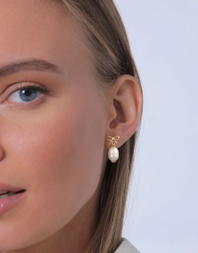 Elli Jewelry - Bow Pearl Drop Earrings in Gold-Plated 925 Silver
