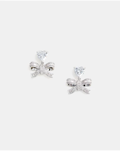 Self Portrait - Crystal Heart Bow Drop Earrings