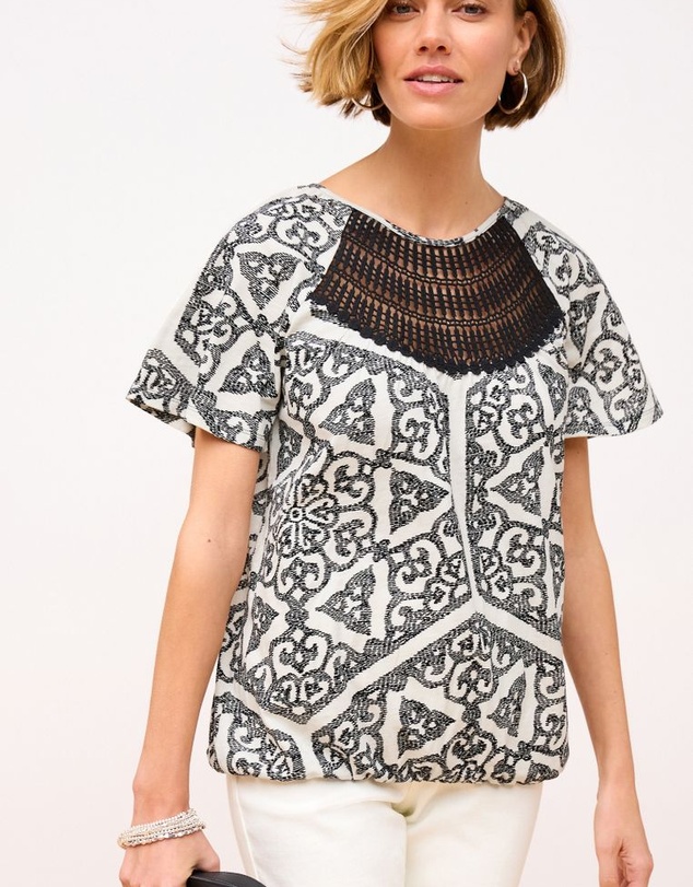 NEXT - Short Sleeve Crochet Bubblehem Top