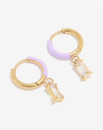 Lovisa - Waterproof Gold Plated Stainless Steel Purple Enamel Cubic Zirconia Charm Huggie Earrings