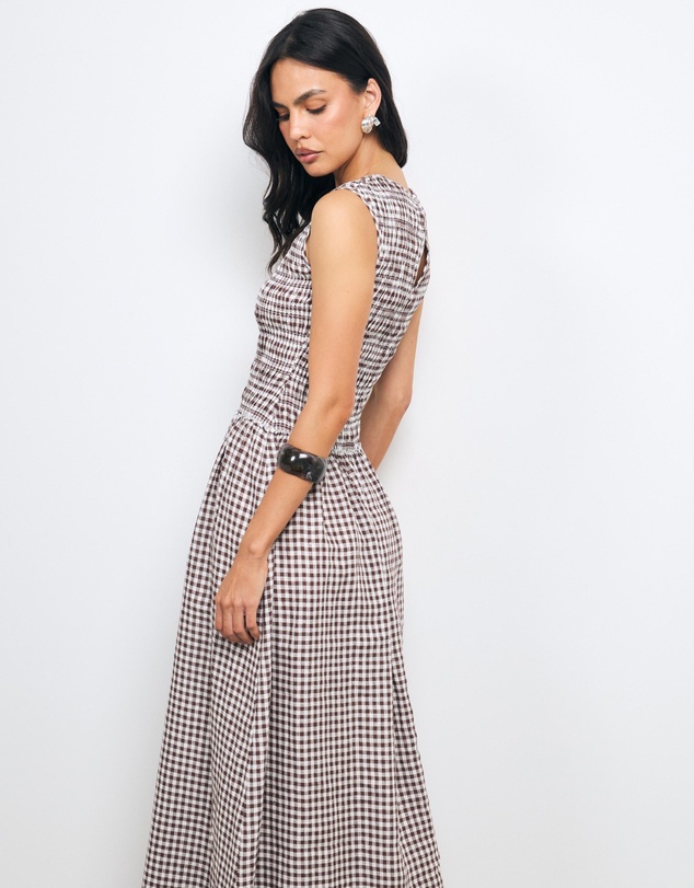 AERE - Inka Linen Gingham Shirred Maxi Dress