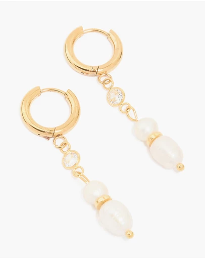 Lovisa - Waterproof Gold Plated Stainless Steel Diamante & Pearl Chain Huggie Earrings