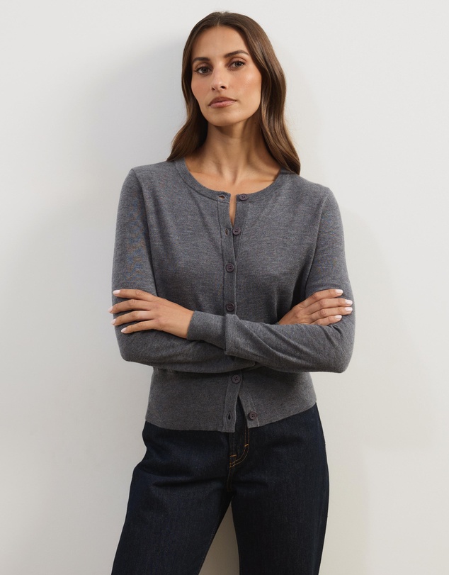 Atmos&Here - Elina Crewneck Knit Cardigan With Rib Hem