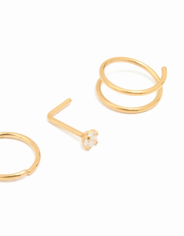 Lovisa - Gold Plated Titanium Simple Mixed Nose Studs & Nose Rings 4-Pack