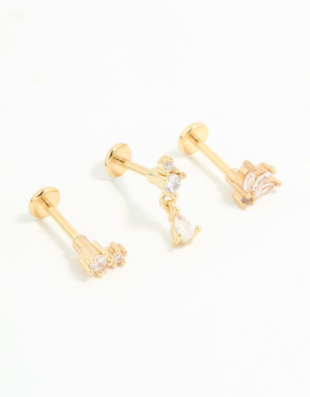 Lovisa - Gold Plated Surgical Steel Cubic Zirconia Triangular Flat Back Studs Pack
