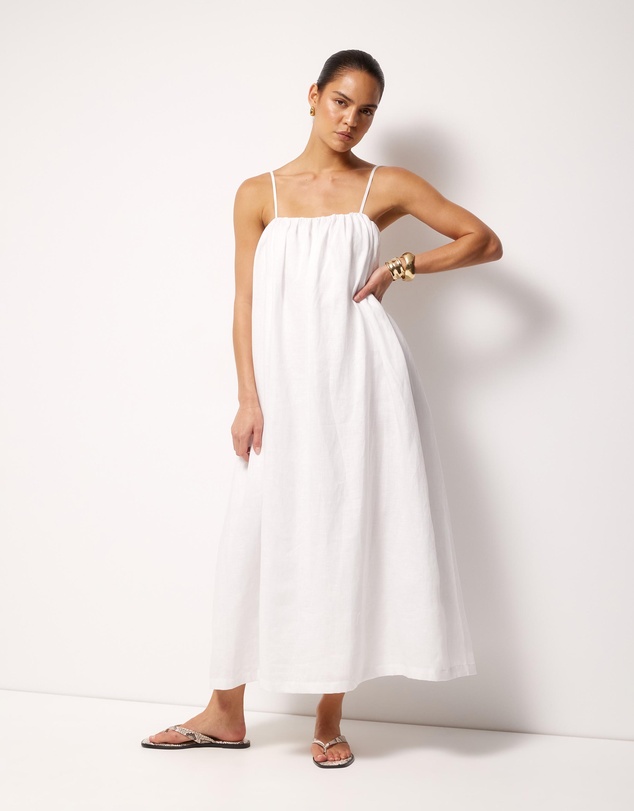 AERE - Liv Linen Gathered Neckline Midi Dress