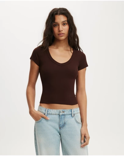 Cotton On - Goldie Rib V Neck Short Sleeve