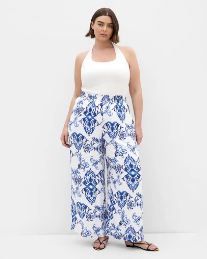 City Chic - Plus size Mykonos Print Wide Leg Pant - white