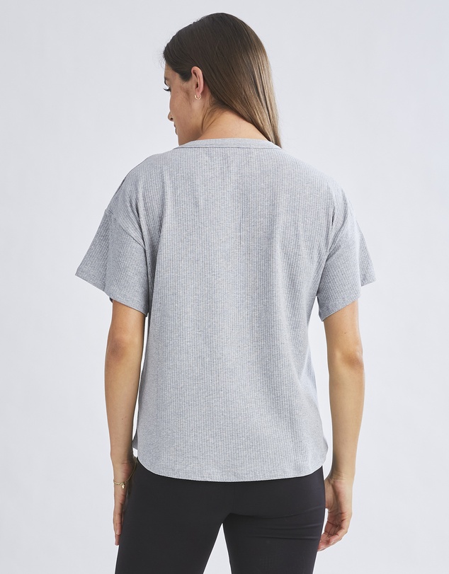 Angel Maternity - Simple Classic Ribbed Button Short Sleeve Top In Flower Grey