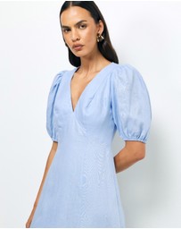 AERE - Lori Puff Sleeve Linen Midi Dress
