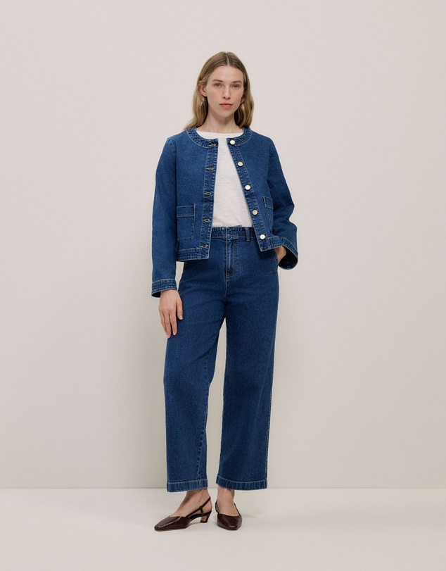 Trenery - Collarless Cropped Denim Jacket in Mid Blue