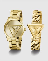 GUESS - Guess Gents and Ladies Set - Badge Gold-Tone Analogue & Fame Ladies Gold Tone Analogue