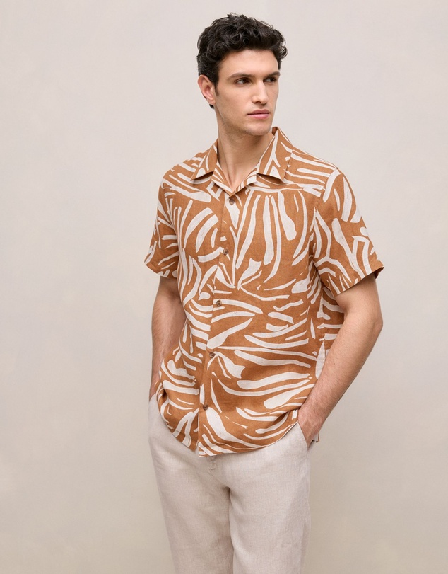 Trenery - Brushstroke Linen Camp Shirt in Butterscotch Brown