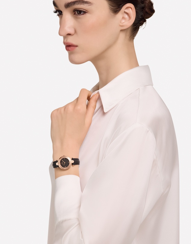 Furla - Arch-Bar Rose Gold-Tone Black Leather Strap Watch