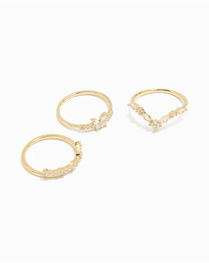 Lovisa - Gold Plated Cubic Zirconia Butterfly & Pointed Rings 3-Pack