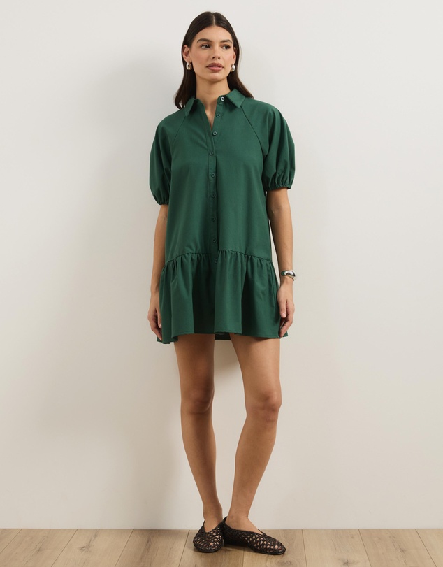 Atmos&Here - Lina Linen Blend Mini Dress With Puff Sleeve