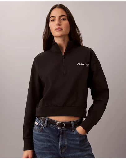 Calvin Klein - Logo Cotton Jersey Heavy Jersey 1/4 Zip Top