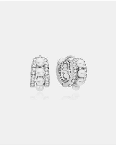 Ania Haie - Silver Sparkling Shell Pearl Row Huggie Hoop Earrings