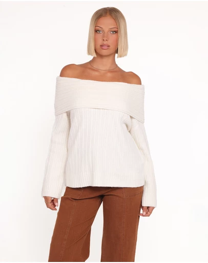 Petal & Pup - Kenny Off Shoulder Knit Sweater - Cream