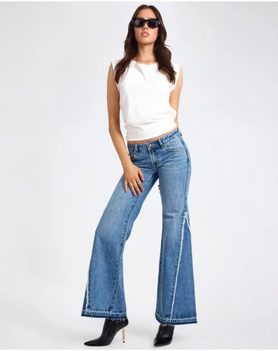 ONE TEASPOON - Johnnies Low Waist Wide Leg Flared Denim Jeans - Pretty Blue