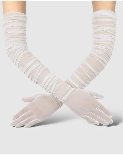 High Heel Jungle - Ariana Ruched Mesh Opera Glove - White