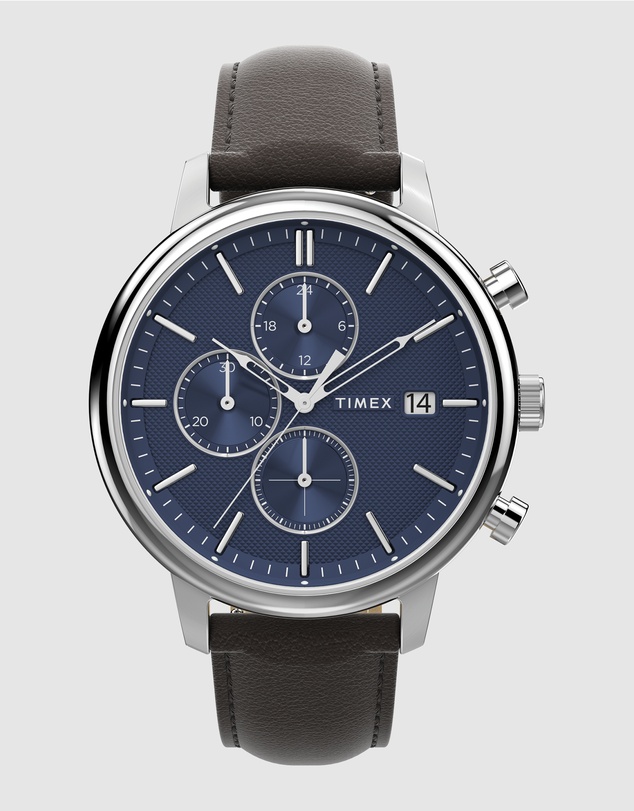 TIMEX - Chicago Chrono 45mm Silver Tone Blue Dial Brown Leather Strap