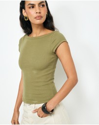 AERE - Boat Neck Cap Sleeve T-Shirt