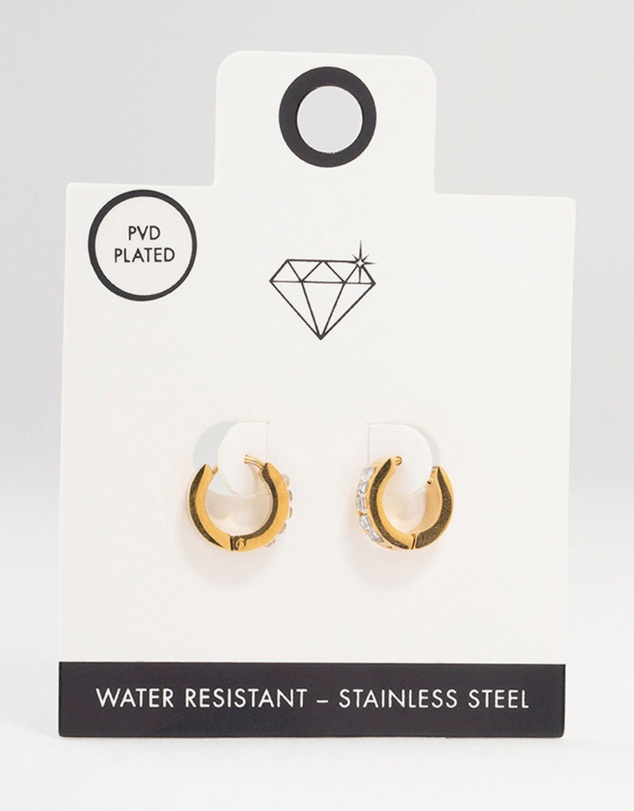 Lovisa - Waterproof Gold Plated Stainless Steel Square Cut Diamante Huggie Earrings