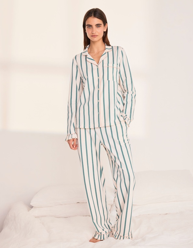Chelsea Peers - Organic Cotton Stripe Ruffle Long Pyjama Set