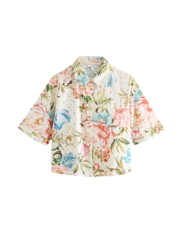 NEXT - Broderie Short Sleeve Button Down 100% Cotton Shirt