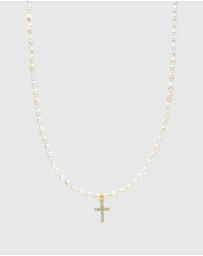 Nialaya Jewellery - Men's Mini Pearl Choker with Cross