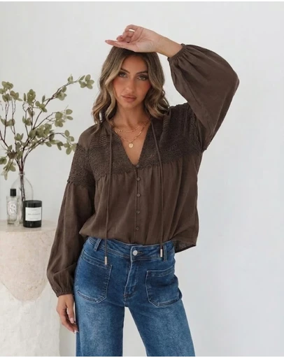 Esther & Co - Chenille Blouse - Choc Lace