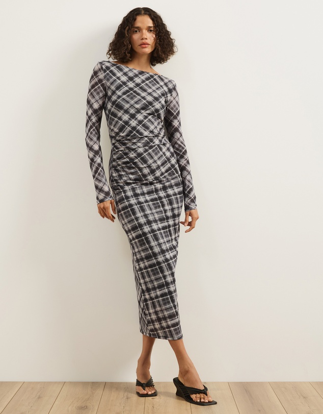 Atmos&Here - Ada Check Printed Mesh Long Sleeve Dress