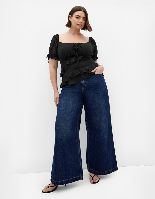 City Chic - Plus size Shayla Short Sleeve Frill Top - black