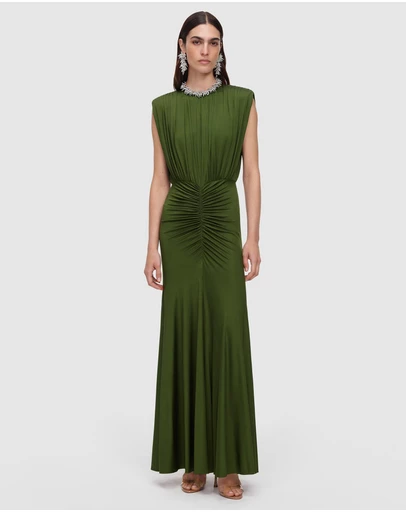 Self Portrait - Olive Jersey Gathered Maxi Dress