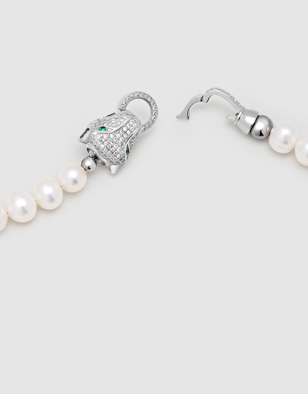 Nialaya Jewellery - White Pearl Necklace with Silver Panther Head Lock