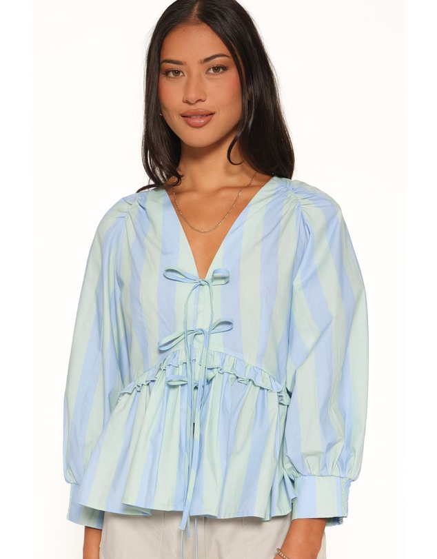Petal & Pup - Benny Puff Sleeve Top - Green/Blue Stripe