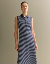 Trenery - Cotton Pique Stripe Sleeveless Polo Dress in Navy