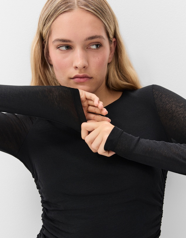 UNISON - Long Sleeve Ruched Mesh Top