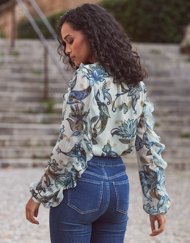 Sosandar - Floral Print Metallic Stripe Blouse With Lace Up Detail