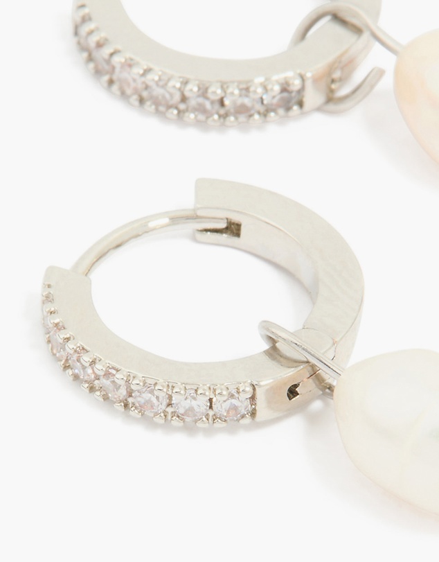 Lovisa - Waterproof Stainless Steel Diamante Freshwater Pearl Drop Huggie Earrings