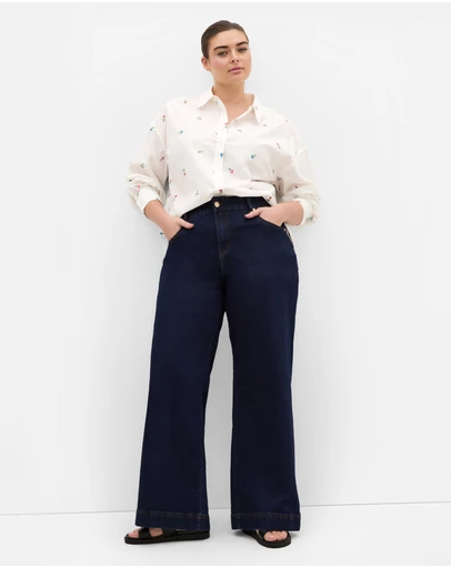 City Chic - Plus size Embroidery Floral Print Cotton Shirt - ivory
