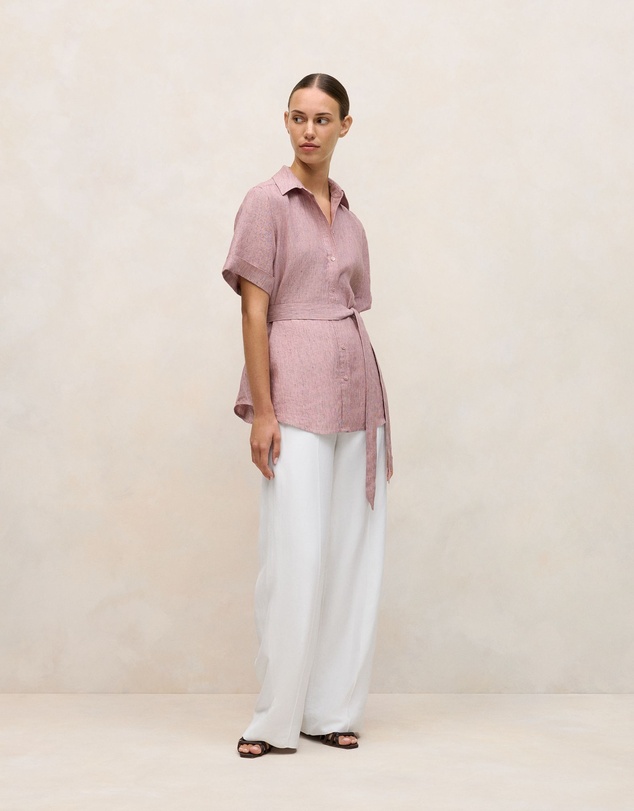 Trenery - Linen End On End Stripe Belted Shirt in Light Pink
