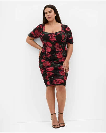 City Chic - Plus size Bustier Rose Print Ruched Dress - black